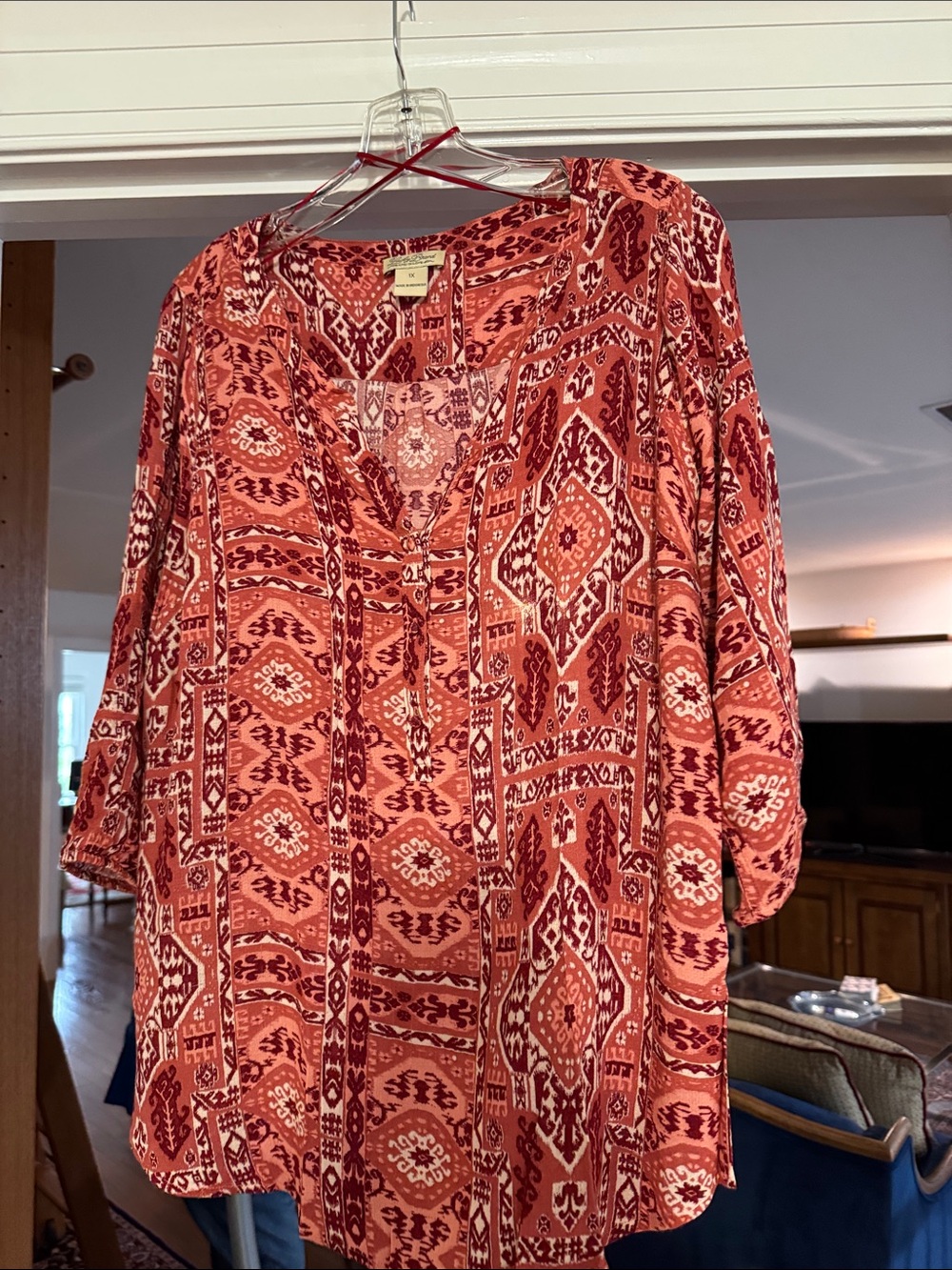 Lucky Brand Coral Red Geometric Split-Neck Tunic